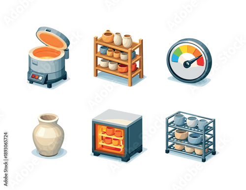 Ceramic Kiln Icons. Ceramic Firing. Isometric flat vector icons set of Ceramic Firing: kiln oven, stacked pottery shelves, temperature gauge, bisque ware pot,