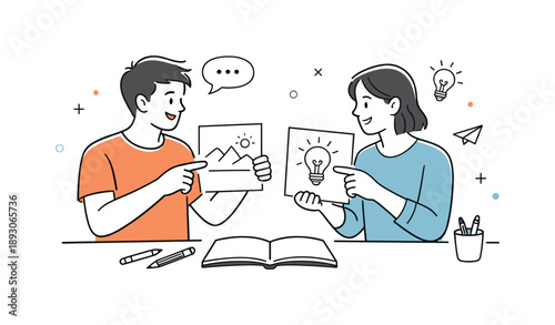 Collaborative Sketching. People drawing together. Two people exchanging sketches and pointing at drawings, expressing friendly feedback, learning, and shared