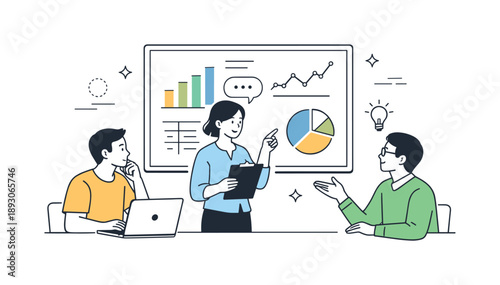 Team Analysis Collaboration. Data analysts collaboration. Small team reviewing charts and graphs together on a large screen, thoughtful discussion and shared