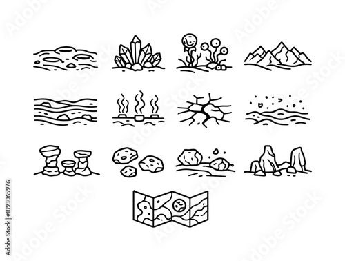 Alien Planet Icons. Alien Planet Surface. Line icon set of Alien Planet Surface: cratered ground, crystal rocks, strange plants, mountain ridge, alien soil