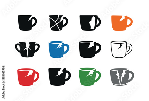 Chipped Mug Icons. Chipped Mug. Icon set. Set Logo of chipped mug: broken ceramic fragment. harmonious logo variations of the same emblematic concept, each