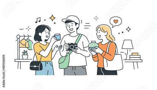 Flea Market Friends. People at flea market shopping together. Friends discussing items and holding small purchases. Social experience and shared enjoyment.