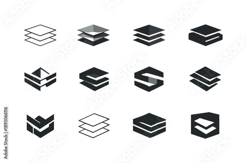 3D Facade Icon Variations. 3D facade. Icon set. Set Logo of 3D facade: layered geometric wall. harmonious logo variations of the same emblematic concept, each
