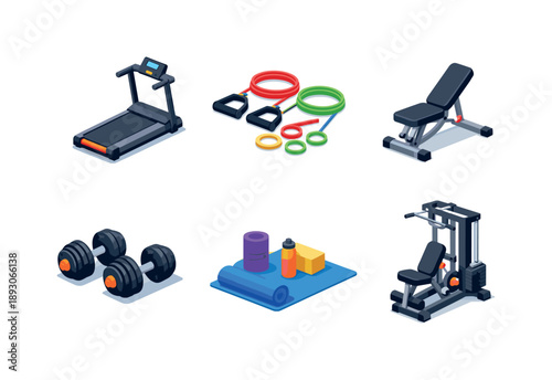 Home Gym Essentials. Home gym. Isometric flat vector icons set of Home gym: compact home treadmill, resistance bands, foldable workout bench, adjustable
