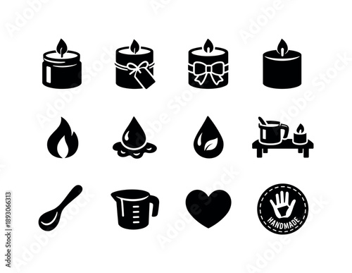 Handmade Candle Icons. Handmade Candles. Solid icon set of Handmade Candles: jar candle, tied label, ribbon bow, centered wick, soft flame, wax texture,