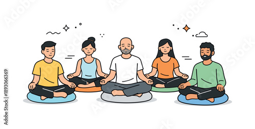 Serene Meditation Circle. Meditation group session. Small group meditating on cushions with relaxed postures and closed eyes. Sense of calm, balance and