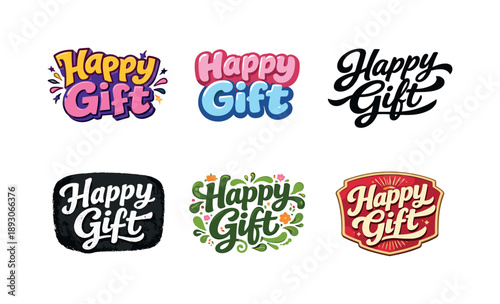Creative Lettering Grid. Happy Gift. Set lettering. harmonious lettering variations of the same emblematic concept, each with different artistic interpretation