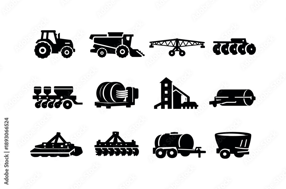 Fototapeta premium Agricultural Equipment Icons. Agricultural equipment. Solid icon set of agricultural equipment: tractor, harvester, irrigation pivot, disc plow, seed planter,