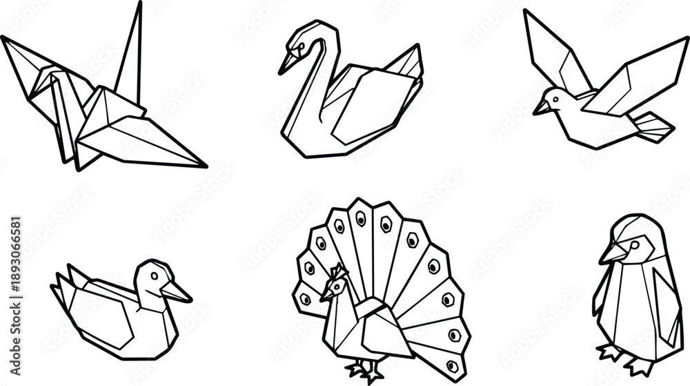 Fototapeta premium Line art origami bird icons set six hand drawn paper crane swan dove duck peacock penguin in clean vector outline isolated on white minimalist geometric style