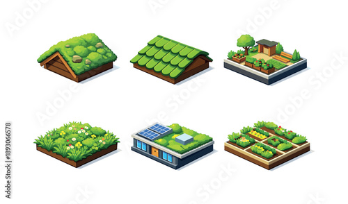 Eco Rooftop Icons. GreenRoof. Isometric flat vector icons set of green roof: moss-covered roof, grass roof tiles, eco rooftop garden, lush green