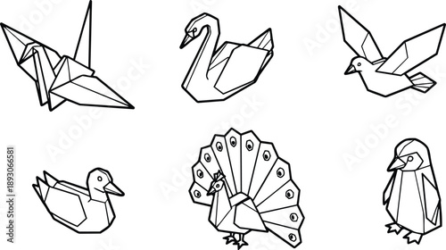 Line art origami bird icons set six hand drawn paper crane swan dove duck peacock penguin in clean vector outline isolated on white minimalist geometric style