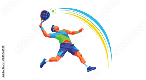 Illustration of a dynamic tennis player in mid-swing with a racket and ball, wearing athletic clothing, against a white background with motion lines.