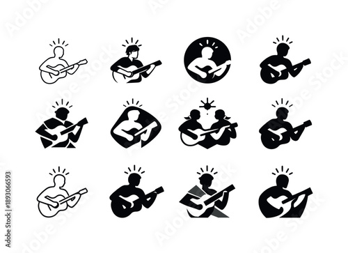 Creative Icon Variations. Inspired individuals engaged in creative processes (art, writing, music). Icon set. Set Logo of inspired individuals engaged in