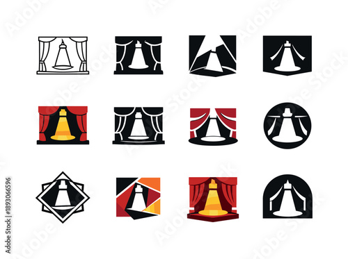 Harmonious Theater Icons. Theater performance. Icon set. Set Logo of theater performance: stage with spotlight. harmonious logo variations of the