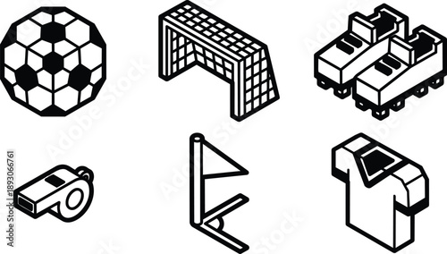 Isometric line art close up soccer equipment icons set including ball goal cleats whistle corner flag and jersey in bold monochrome graphic style vector simple outline