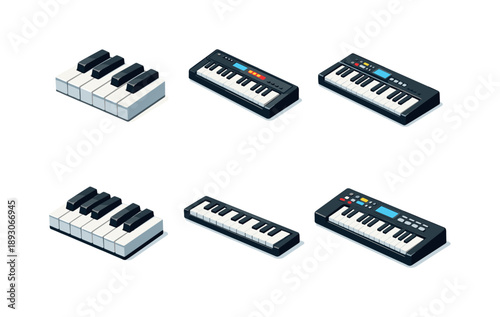 Stylish Keyboard Icons. Keyboard Instrument. Isometric flat vector icons set of Keyboard Instrument: piano key close-up, angled keyboard perspective, modern