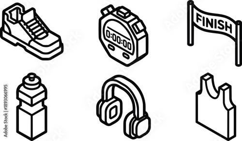 Isometric line art icons set showing running shoe and stopwatch near finish flag with water bottle headphones and sports vest close up perspective clean bold outline