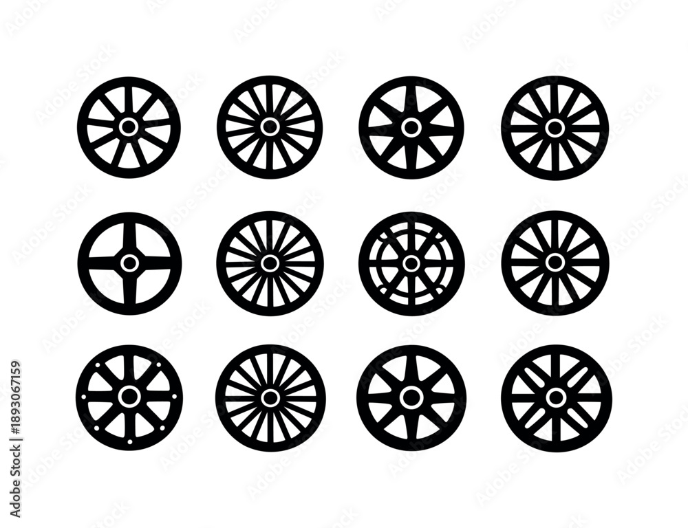 Fototapeta premium Wagon Wheel Icons Grid. Wagon wheel design. Solid icon set of Wagon wheel design: circular geometry, symmetry spokes, radial pattern, balanced wheel, design
