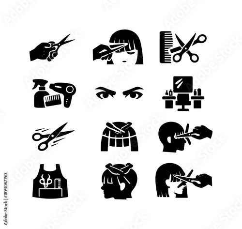 Cutting Bangs Icons. Cutting bangs illustration stylist. Solid icon set of Cutting bangs illustration stylist: hairdresser hand, stylist scissors, precision