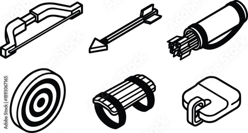 Isometric line art close up set of archery gear arrow target quiver arm guard bow handle string bundle of arrows top view simple monochrome sports icons