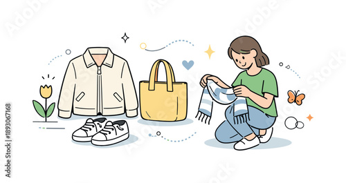 Spring Fashion Essentials. Spring fashion essentials. Light jacket, sneakers and tote bag laid out while a character gently picks up a scarf, fresh mood and