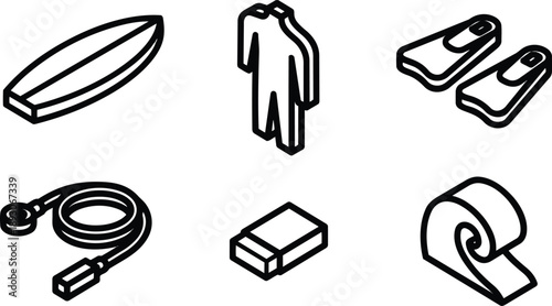 Isometric line art top view set of six scuba and snorkeling equipment icons including surfboard wetsuit fins reel weight belt gear clean monochrome outline vector minimal