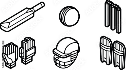 Isometric line art cricket gear set showing wooden bat leather ball protective helmet leg pads wicket stumps and batting gloves in minimalist vector illustration