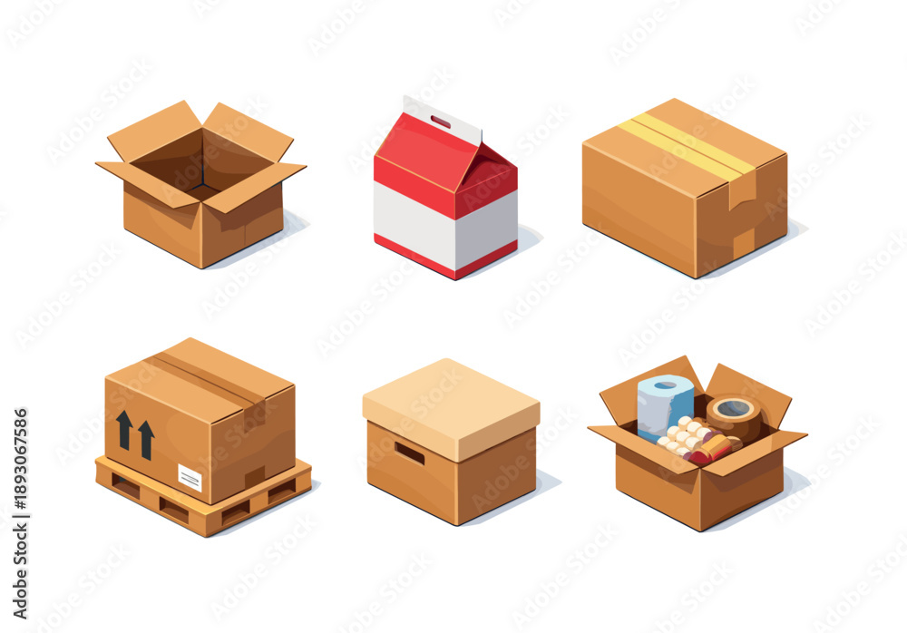 Fototapeta premium Isometric Packaging Icons. Packaging. Isometric flat vector icons set of Packaging: corrugated cardboard box, folded carton package, taped parcel box, shipping