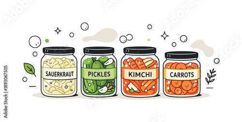 Fermented Foods Display. Fermented food jars. Glass jars filled with vegetables in brine neatly arranged on a clean surface. Calm artisanal food mood with