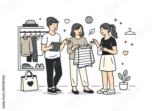 Conscious Fashion Choices. People choosing clothes consciously. Friends discussing outfit choices near a small wardrobe, creating a relaxed editorial scene