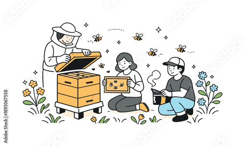 Beekeeper's Gentle Touch. Bee conservation initiatives. A beekeeper and volunteers gently caring for a beehive, small bees flying calmly around flowering