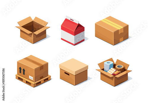 Isometric Packaging Icons. Packaging. Isometric flat vector icons set of Packaging: corrugated cardboard box, folded carton package, taped parcel box, shipping