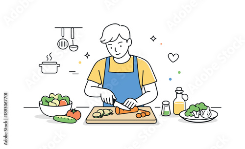 Calm Kitchen Chopping. Food and cooking. A person calmly chopping vegetables on a clean kitchen counter, slow movements and focused attention. The scene