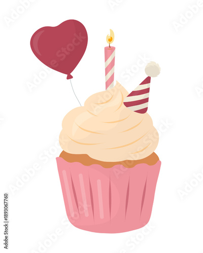 Pastel birthday cupcake illustration with creamy frosting, lit candle, striped party hat and heart balloon. Cute flat vector dessert isolated on white background for invitations, greeting cards