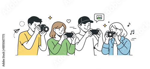 Capturing Moments Together. People taking photos. A calm editorial scene of people holding smartphones and cameras, capturing moments together. The mood feels