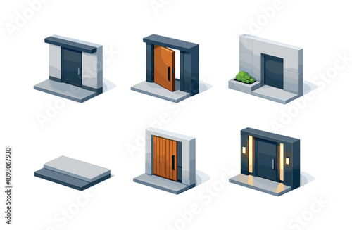 Modern Entrance Icons. Modern entrance. Isometric flat vector icons set of modern entrance: flush door facade, pivot front door, concrete entry wall, wooden