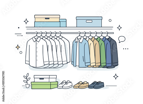 Efficient Wardrobe Organization. Efficient wardrobe setup. Shirts and jackets hang evenly on space-saving hangers inside a clean closet. Balance, clarity, and