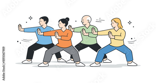 Tai Chi Harmony. People doing tai chi group session. Small group following the same flowing pose, arms extended and movements aligned. Collective focus and