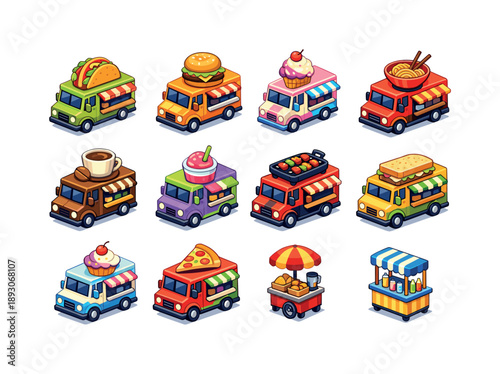 Colorful Food Truck Icons. Food trucks. Colorful isometric vector icons set of food trucks: taco truck, burger truck, ice cream van, noodle truck, coffee