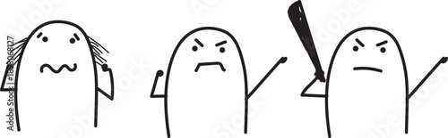 Simple comic doodle characters in three situations: nervous pulling hair, upset pointing sideways and angry holding baseball bat