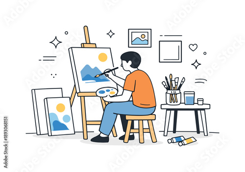 Home Studio Creativity. People painting at home. A small home studio corner with canvases, jars of brushes, and a person absorbed in painting. Focused creative