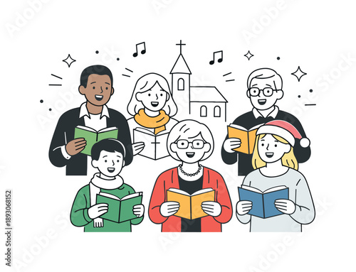 Festive Church Singing. Holiday church service singing. People singing together from hymn books, gentle expressions and open posture. Community, harmony and