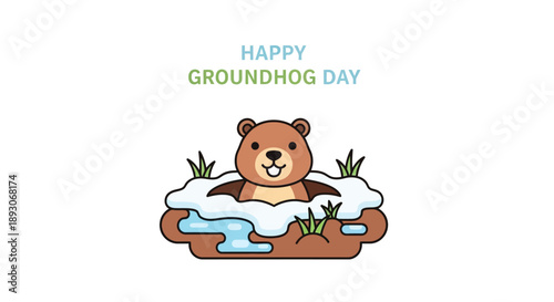 Cartoon Groundhog Emerging from Burrow on Groundhog Day.