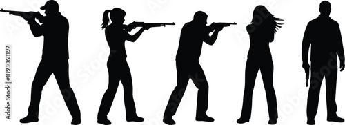 Silhouette vector side view group of five people aiming rifles and holding handgun standing isolated white background high contrast minimal flat design action poses profile stark