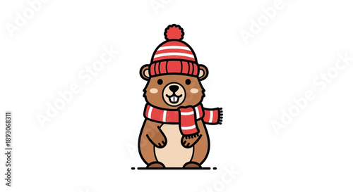 Cartoon Bear Wearing Winter Hat and Scarf.