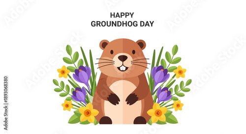 Cartoon Groundhog with Flowers on Groundhog Day.