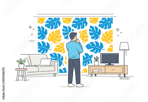 Accent Wall Assessment. Using bold wallpaper patterns for feature walls ? interior accent. Person standing back and evaluating a newly wallpapered feature
