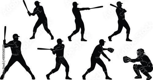 Silhouette vector baseball player set showing multiple batting pitching and catching poses in dynamic action black figures on white background studio sports isolated flat minimalist profile
