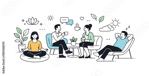 Serene Office Oasis. Wellness-focused office. Professionals taking breaks in lounge areas with natural light and abstract icons for relaxation and well-being.