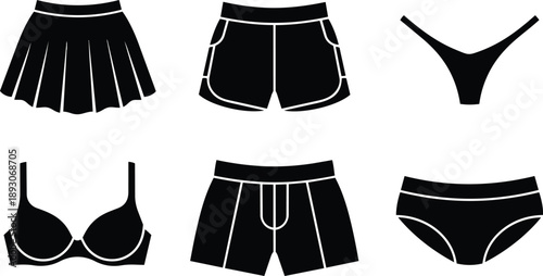 Flat design underwear icon set showing skirt shorts thong bra boxer briefs and panties in black silhouettes front view minimal vector clothing symbols isolated simple outline